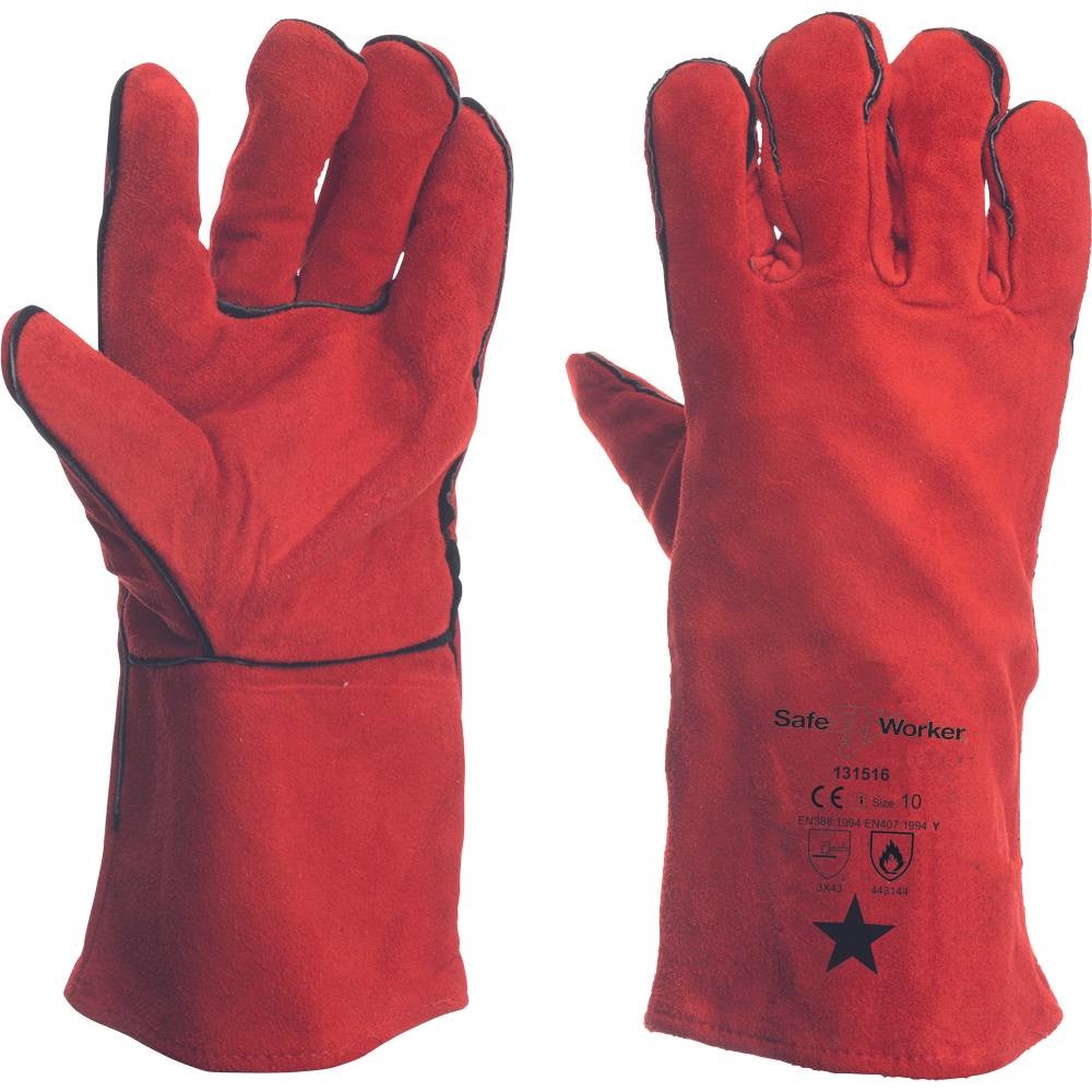 Welding glove pair, thick and red